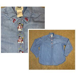 VTG Denim Winter Christmas Snowman Embroidered Button Up Shirt Casual Novelty M